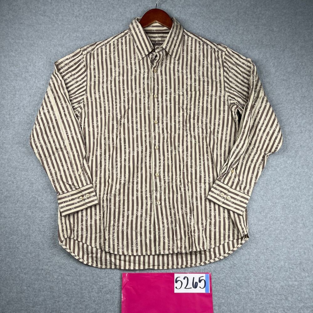 Tommy Bahama Shirt Large Brown Ivory Striped Silk Blend Button Up Long Sleeve